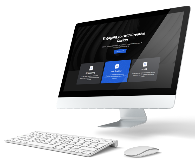 iMac with keyboard and mouse displaying a creative design website offering 3D Modeling, Animation, and NFT services.