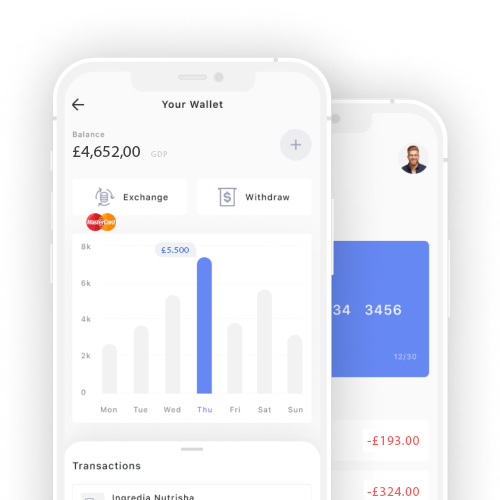 Mobile wallet app showing balance, spending chart, and recent transactions.