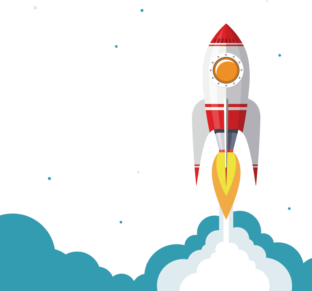 Illustrated rocket launching into the sky with orange flames and smoke, surrounded by clouds and small blue stars on a white background.