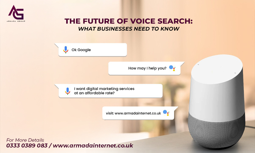 The future of voice search for businesses – smart assistant device showing digital marketing service queries and SEO opportunities by Armada Group.