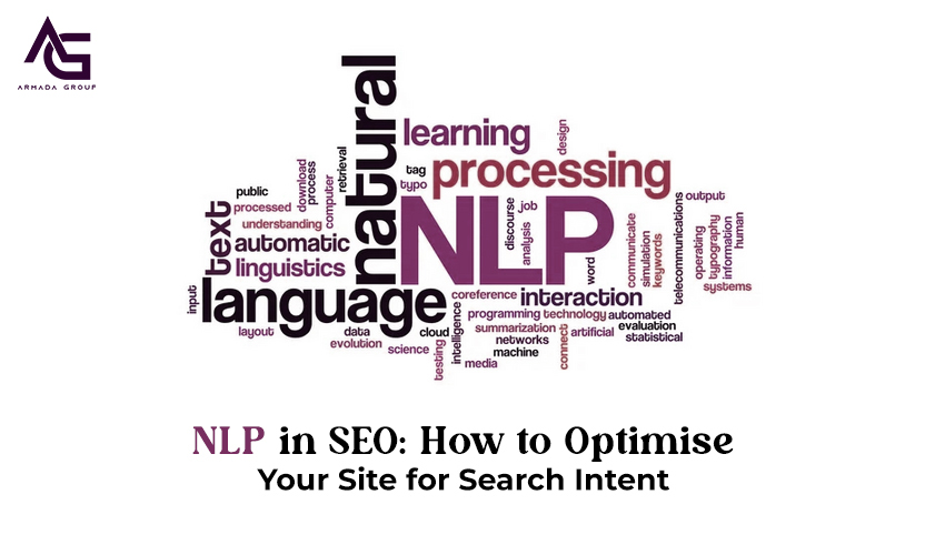 NLP-based SEO techniques illustrated with a word cloud highlighting natural language processing, learning, linguistics, and search intent optimization.