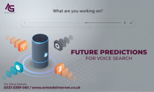 Future predictions for voice search technology in digital marketing – Armada Group smart speaker illustration highlighting upcoming SEO trends.
