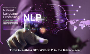 Futuristic illustration of NLP in SEO with AI human head outline, digital interface, and text 'Natural Language Processing