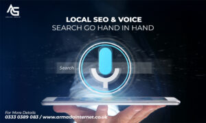Local SEO and voice search working together – smartphone with glowing microphone icon showing the importance of voice search optimization for businesses.