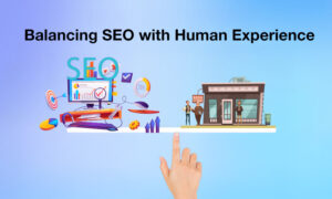 Balancing SEO strategies with user experience illustration showing search engine optimization analytics, ranking growth, and customer engagement for better website performance